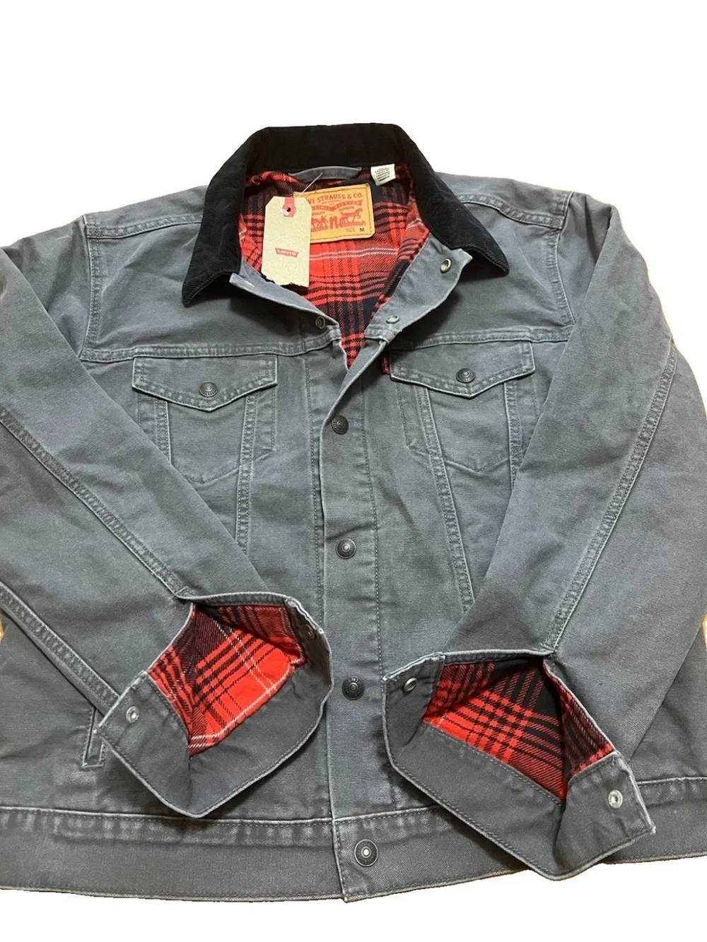 Levi’s NWT Flannel Lined Canvas Trucker Jacket M Grey Corduroy Collar 72890-001